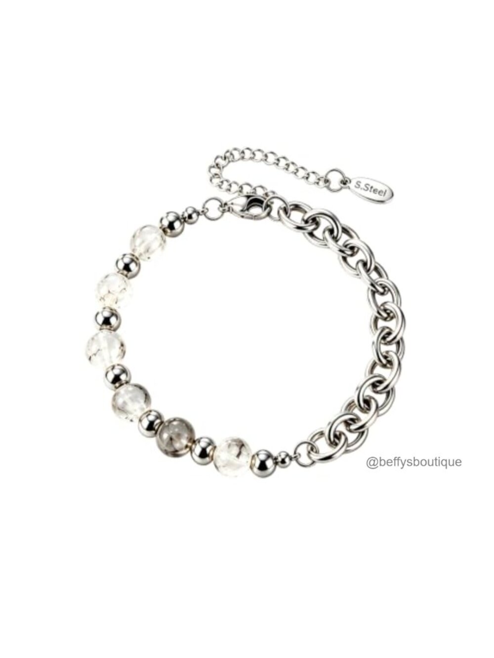 Stainless Steel Natural Crystal Bead Link Bracelet Adjustable